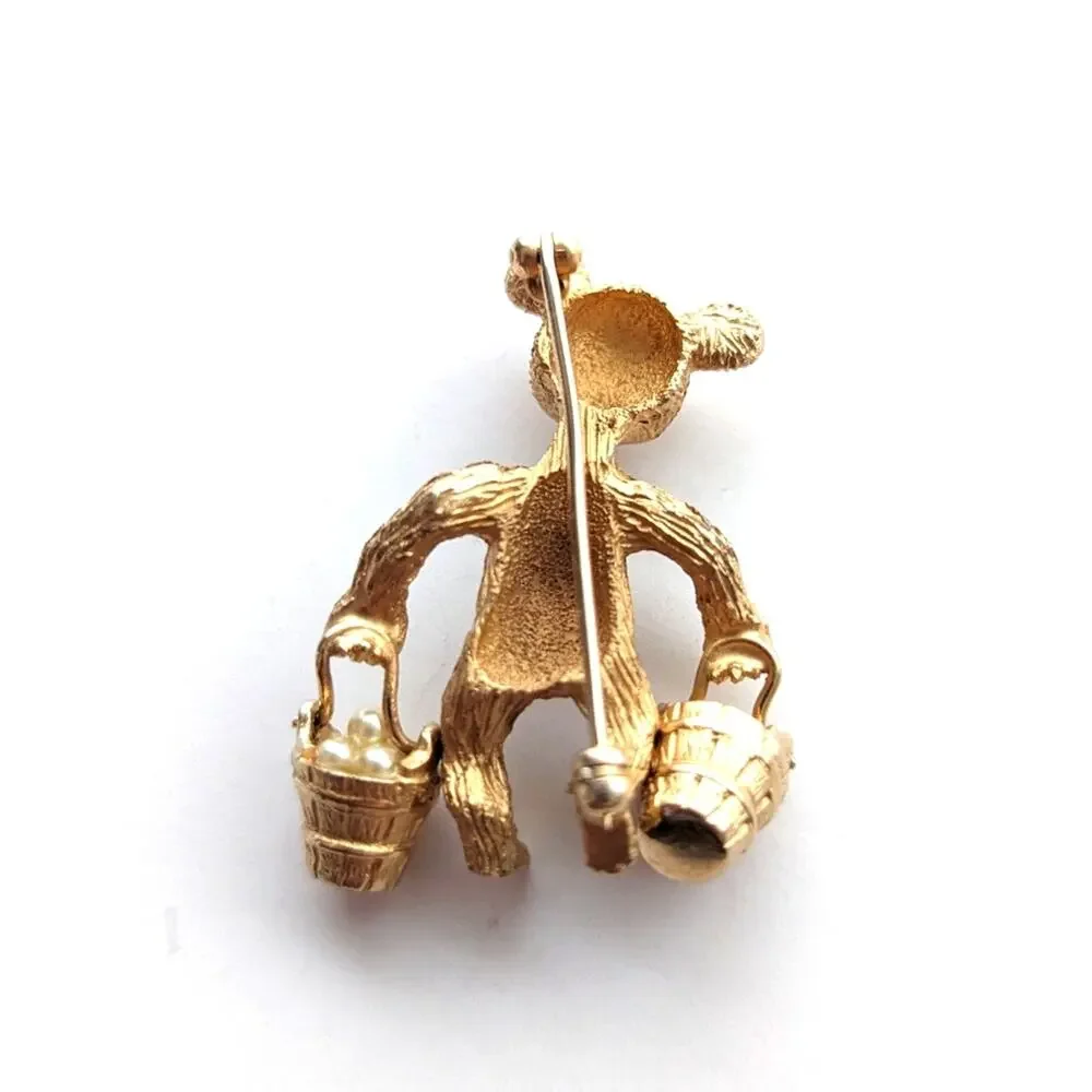 Vintage Gold Tone Figural Bear holding Articulated Buckets Full of Pearls Brooch